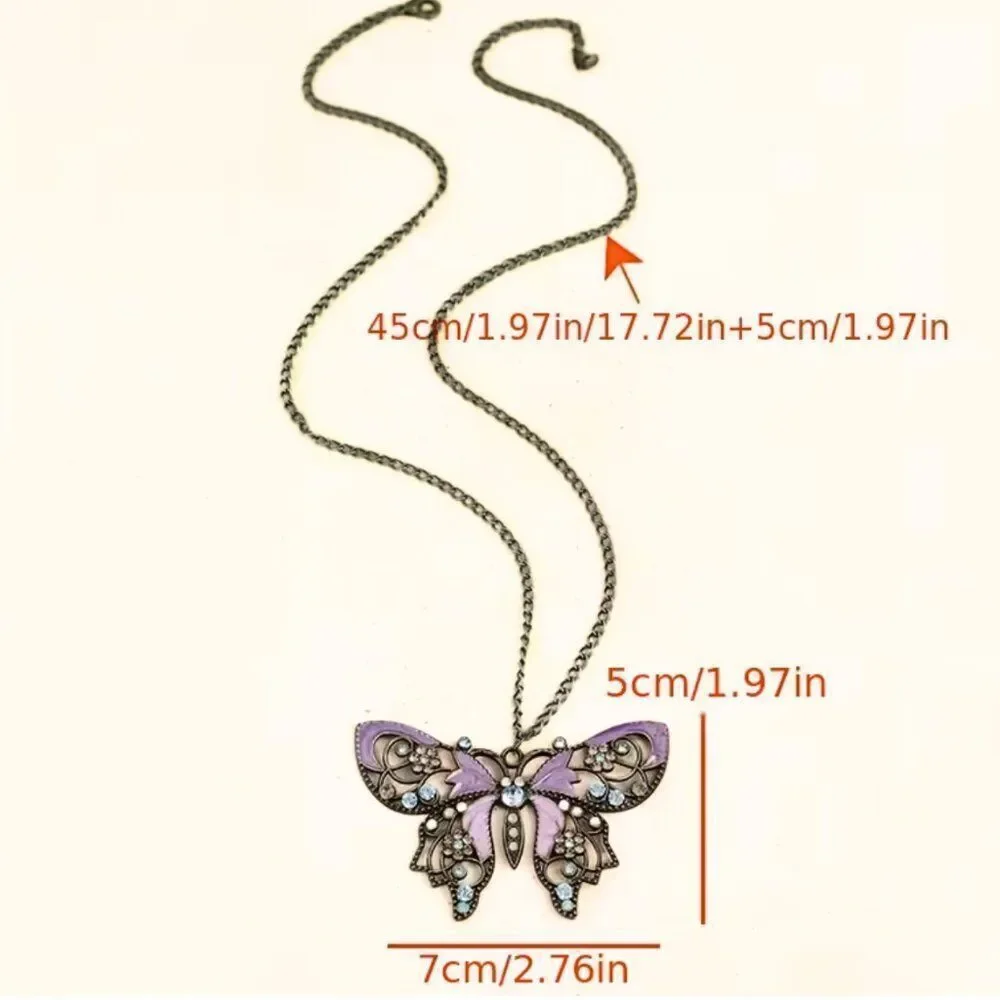 Hollow Butterfly Pendant Oil Drop Inlay Pink/Turquoise Rhinestone Aged Bronze
